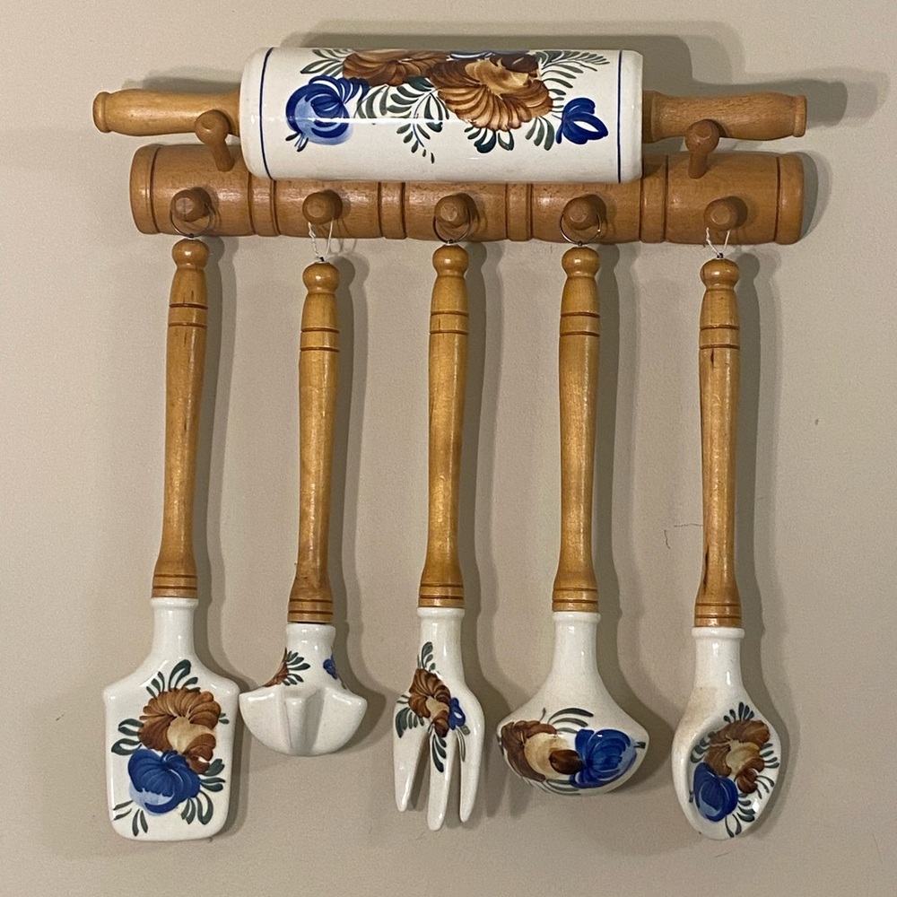 Porcelain and Wood Kitchen Utensil Set.Set of 5 with Rolling Pin:Hanging Rack.